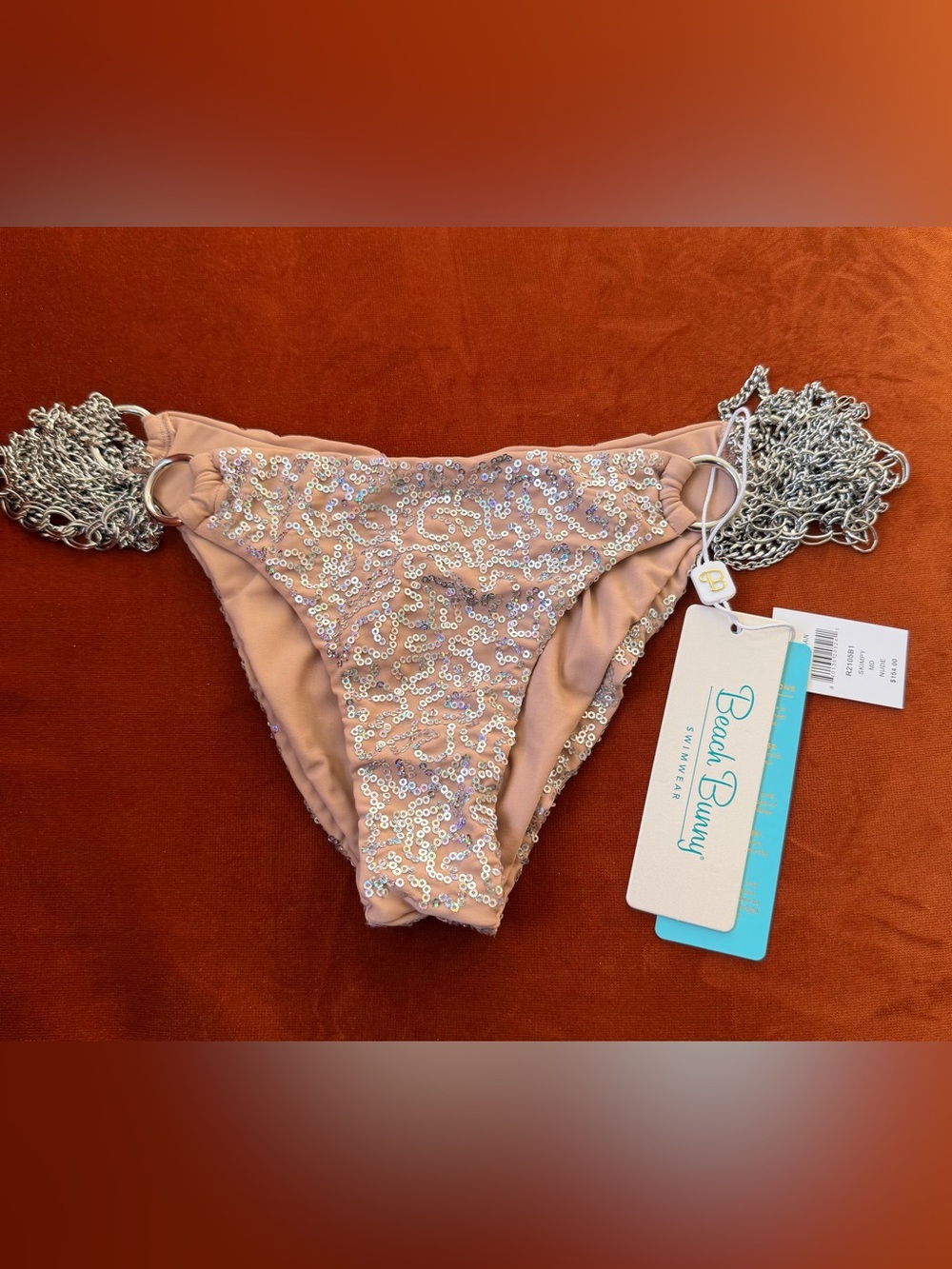 Beach Bunny NWT Ball & Chain Skimpy Nude Bottoms With Silver Chains And Sequins